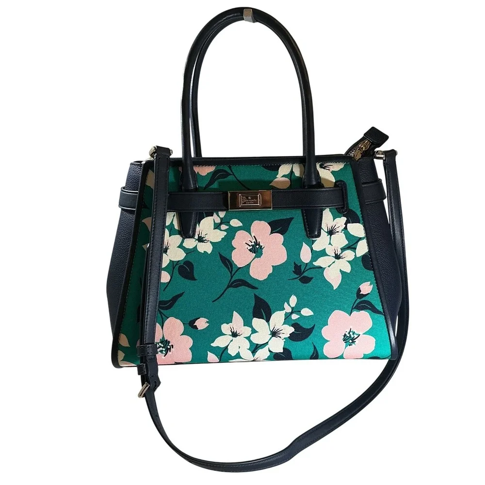 Kate Spade Lucia‎ Lily Blooms Medium Canvas Satchel Navy Leather Trim Handbag